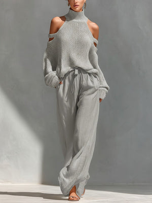 MANUELA - Completo donna due pezzi con top off-shoulder e pantaloni ampi