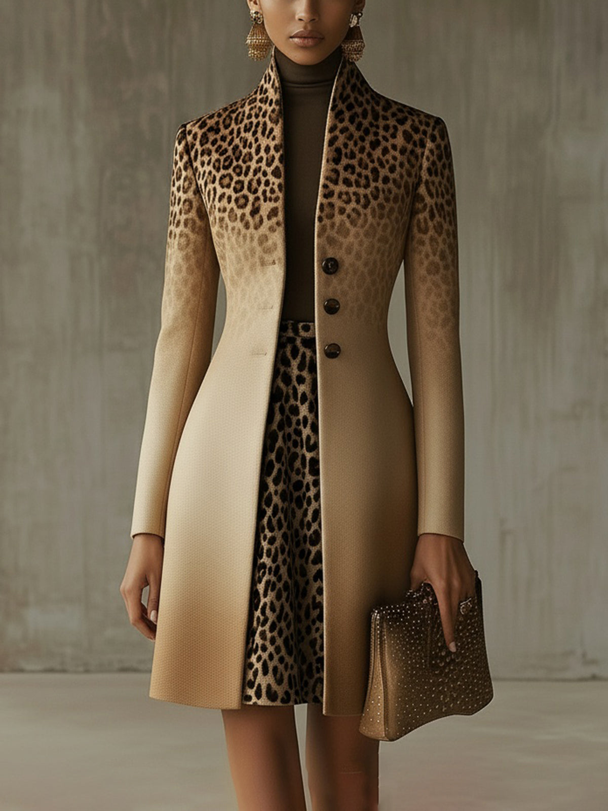 GIACOMA - Cappotto lungo kaki leopardato sfumato