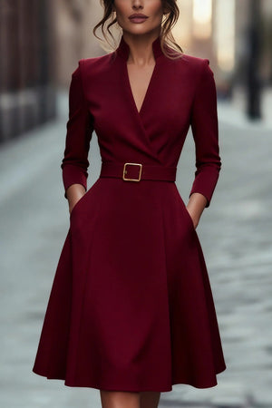 GALATEA - Abito midi elegante con scollo V e vita sagomata a maniche lunghe