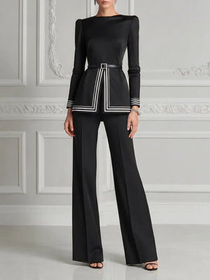 ALIDA - Completo nero con cintura, peplum e pantaloni flare