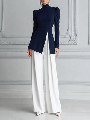 IULIA - Completo blu navy con top peplum e pantaloni bianchi ampi