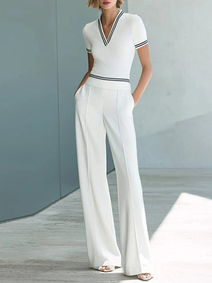 LUIGINA - Completo bianco con top V e pantaloni a righe a contrasto