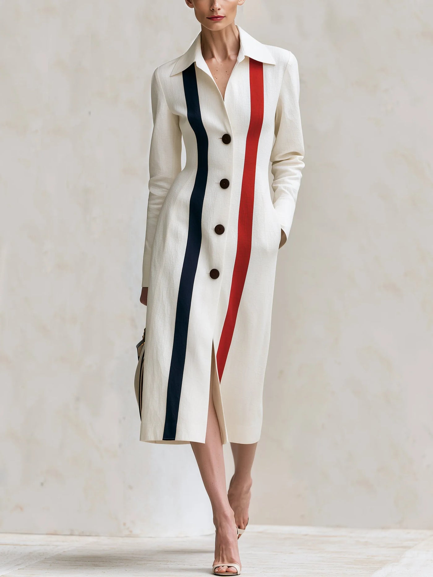 FAUSTINA - Abito blazer midi beige a righe, slim fit e bottoni