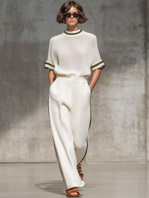 BELINDA - Set bianco in mesh lavorato con camicia e pantaloni ampi