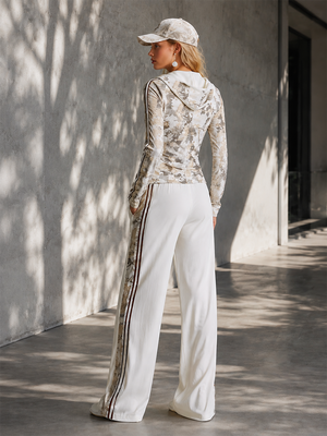 MARTINA - Set cotone bianco camouflage, hoodie zip pantaloni wide-leg