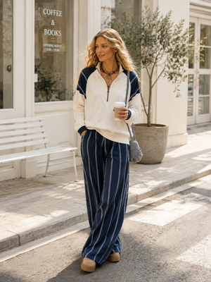 AURORA - Set felpa raglan e pantaloni rigati bianco navy