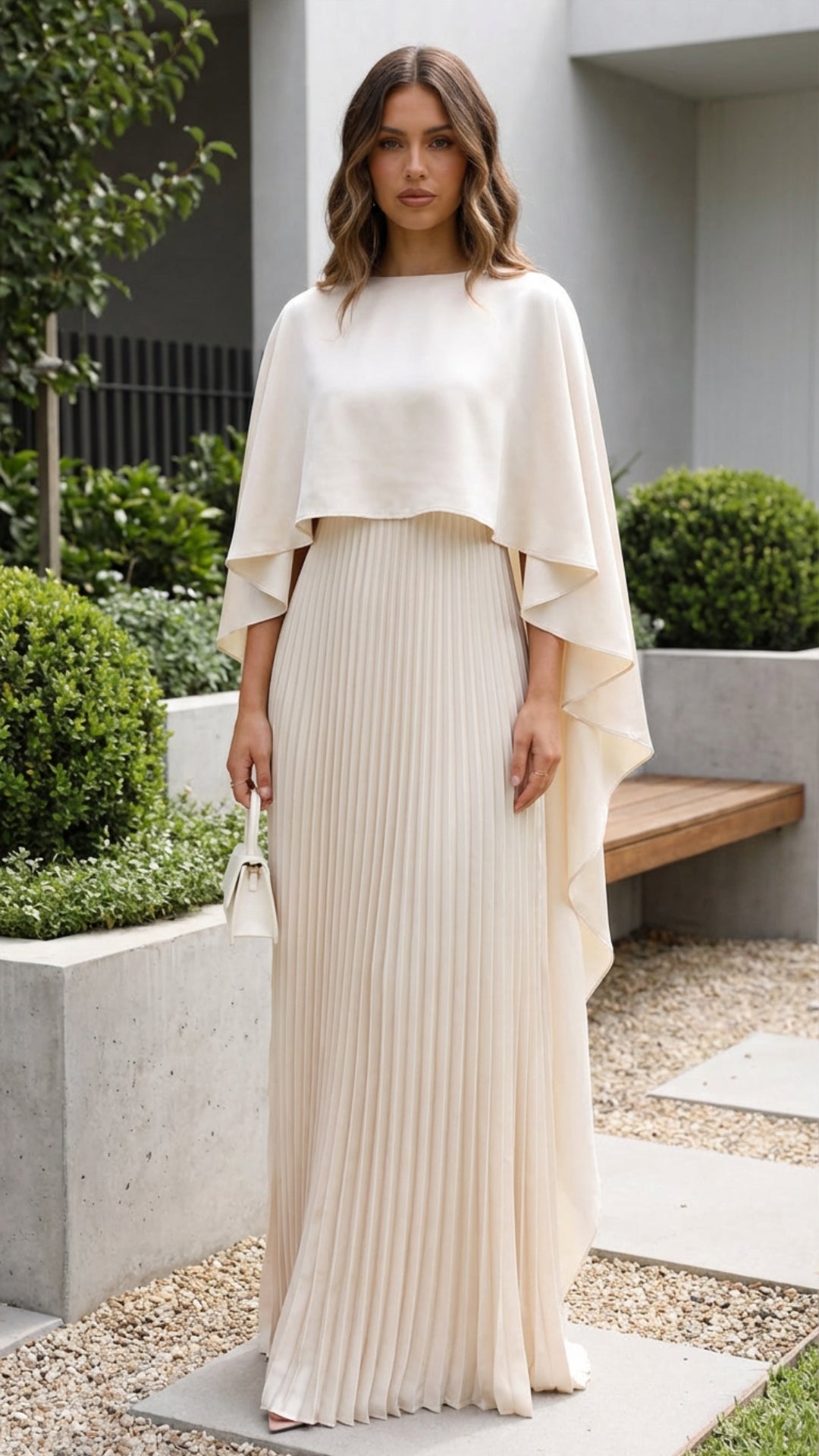 SOFIA - Abito maxi sposa bianco in tessuto, maniche a cappotto