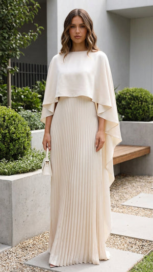 SOFIA - Abito maxi sposa bianco in tessuto, maniche a cappotto