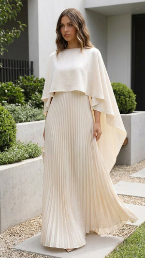 SOFIA - Abito maxi sposa bianco in tessuto, maniche a cappotto