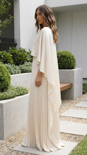 SOFIA - Abito maxi sposa bianco in tessuto, maniche a cappotto