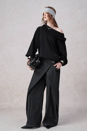 PETRONILLA - Pantaloni Wide-Leg in Denim Nero e Bianco