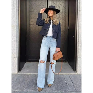 OLMO - Giacca Bomber Aviatore Cropped da Donna con Chiusura a Bottone e Tasche