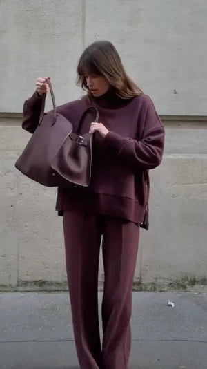 EDEN - Completo comfort top e pantaloni borgogna e beige