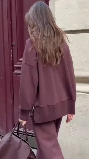 EDEN - Completo comfort top e pantaloni borgogna e beige