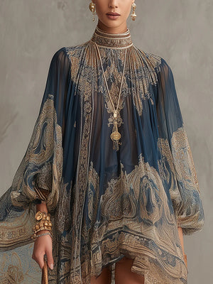 EULALIA - Mini abito blu navy in chiffon con stampa barocca dorata