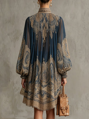 EULALIA - Mini abito blu navy in chiffon con stampa barocca dorata