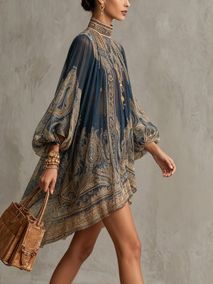 EULALIA - Mini abito blu navy in chiffon con stampa barocca dorata
