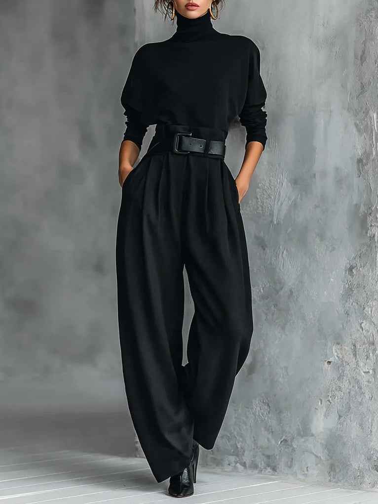MARINELLA - Completo nero 2 pezzi con dolcevita, pantaloni e cintura