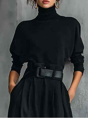 MARINELLA - Completo nero 2 pezzi con dolcevita, pantaloni e cintura