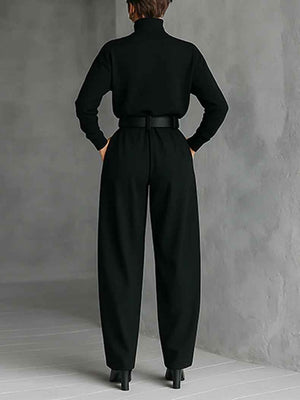 MARINELLA - Completo nero 2 pezzi con dolcevita, pantaloni e cintura