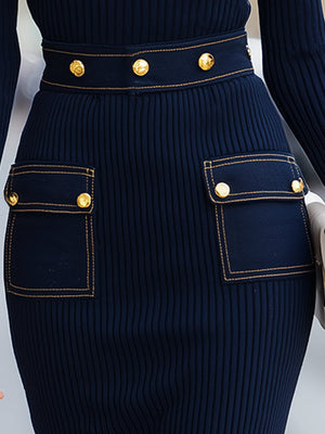 EMILIANA - Abito midi blu navy in maglia con dettagli dorati