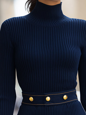 EMILIANA - Abito midi blu navy in maglia con dettagli dorati