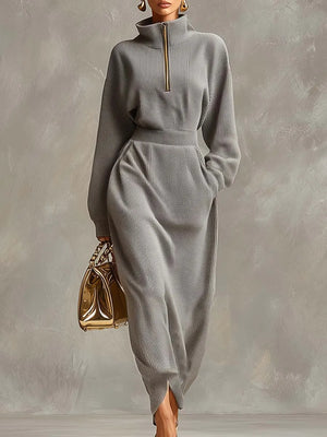 CORNELIA - Abito maxi grigio chiaro waffle zip revers maniche lunghe