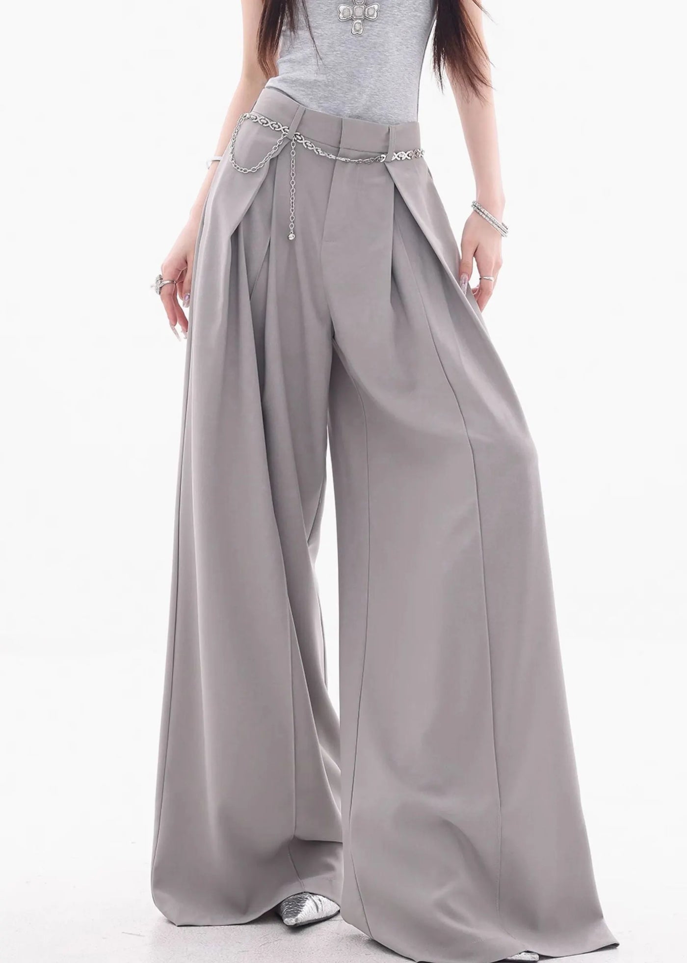 RAISSA - Pantaloni Spandex Grigio Francese a Vita Alta e Gamba Ampia