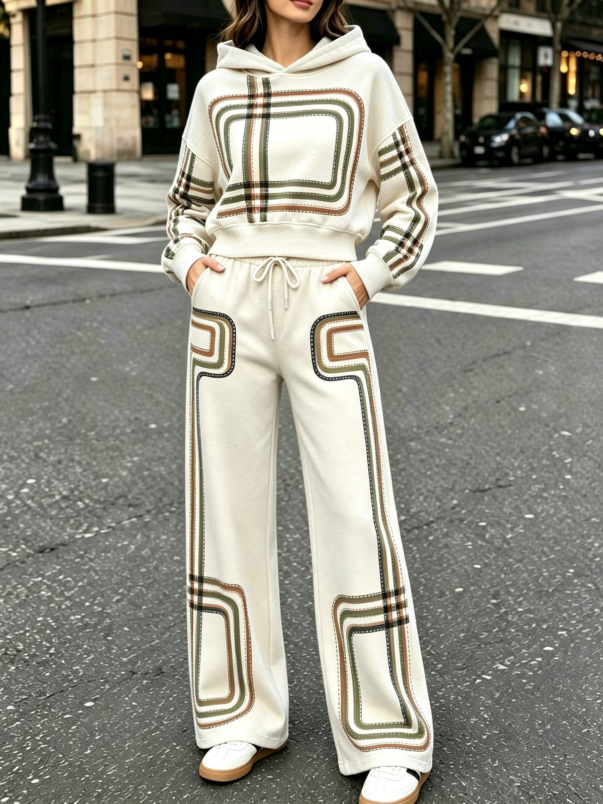 Nuovo felpino corto con cappuccio da donna, versatile ed elegante, con set casual di pantaloni lunghi, senza ricami, tessuto leggermente elasticizzato, adatto per l'uso quotidiano e il pendolarismo, perfetto per camminare, fare jogging e altre attività al