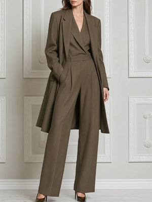 KELLY - Completo verde oliva con cappotto lungo e jumpsuit palazzo