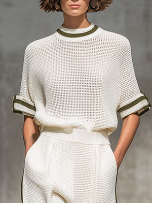 BELINDA - Set bianco in mesh lavorato con camicia e pantaloni ampi