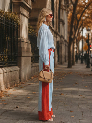 GIULIA - Set blu cotone e lino con camicia rigata e pantaloni ampi