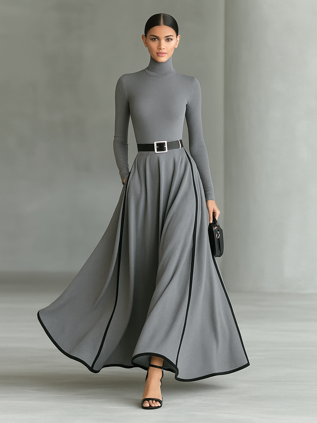 MIRIAM - Abito maxi nero aderente con colletto alto e cintura