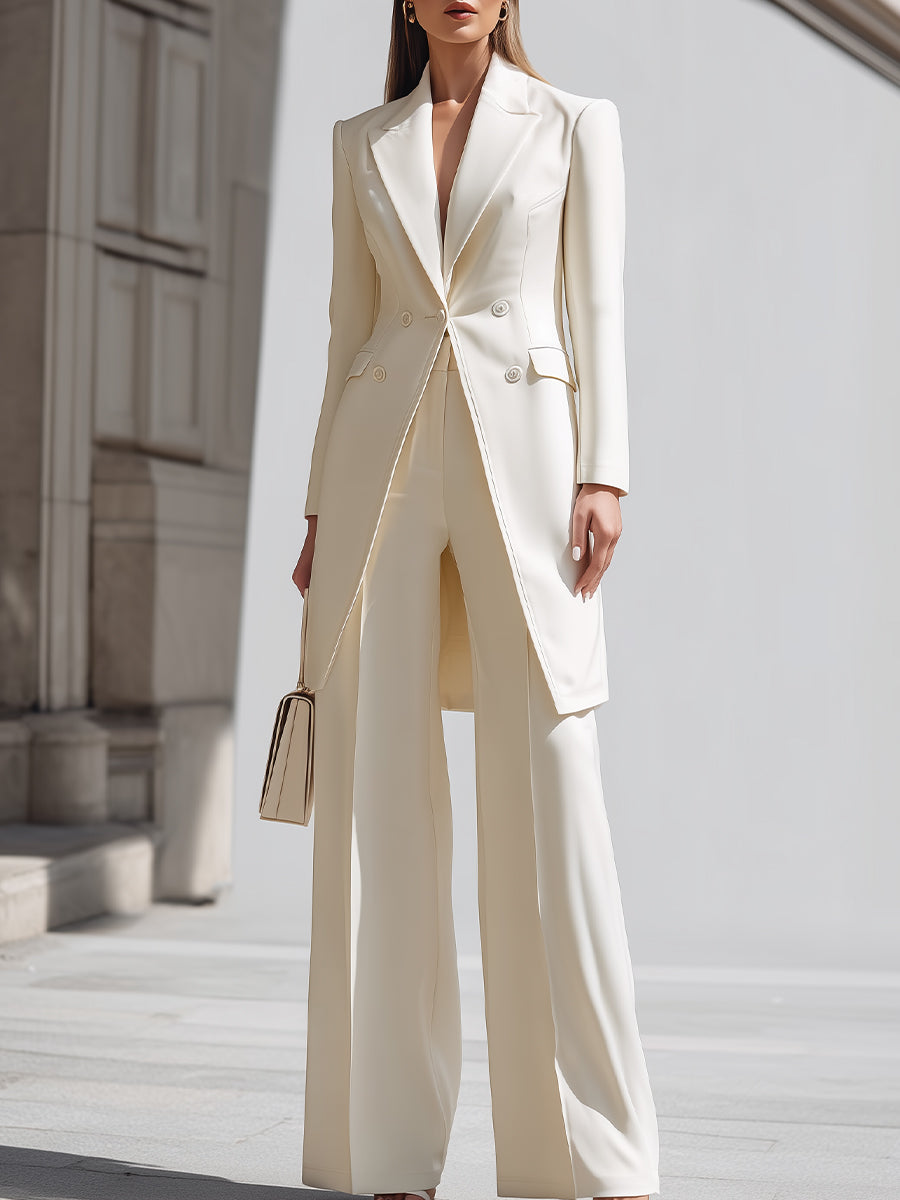 CARLA - Completo crema con blazer lungo e pantaloni ampi