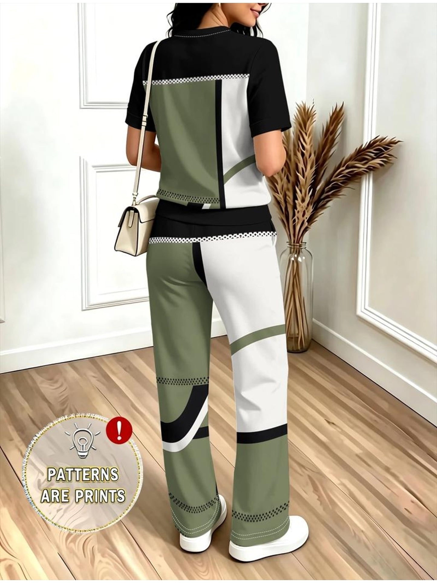 Completo casual da donna color block, verde militare e stampa a griglia geometrica, ampio, con maniche corte e pantaloni lunghi, abbigliamento alla moda per vacanze, uscite quotidiane e appuntamenti
