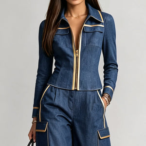 ONDINA - Blusa in denim con collo revers, zip e bordi a contrasto