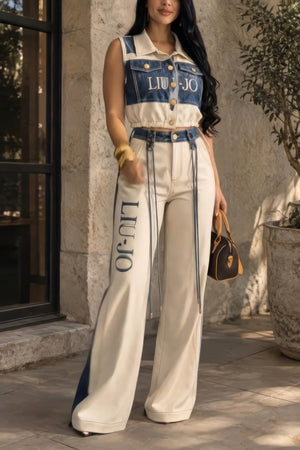 liujo temulooogoooo23333 Coordinato • Denim e tessuto • Top corto con tasche e pantaloni a gamba larga con lacci decorativi — Alice — SHOT 1