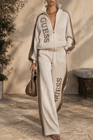 Guess Logos Coordinato • Maglia a coste • Zip frontale e inserti laterali beige — Moira — SHOT 1