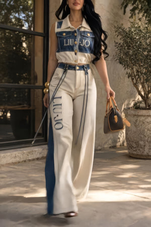 liujo temulooogoooo23333 Coordinato • Denim e tessuto • Top corto con tasche e pantaloni a gamba larga con lacci decorativi — Alice — SHOT 2