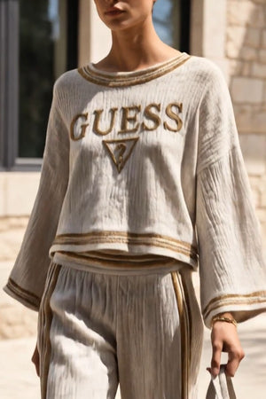 Guess TEST 10LOGOS Coordinato • Tessuto plissettato • Bordi a righe beige e bianche — Berenice — SHOT 3