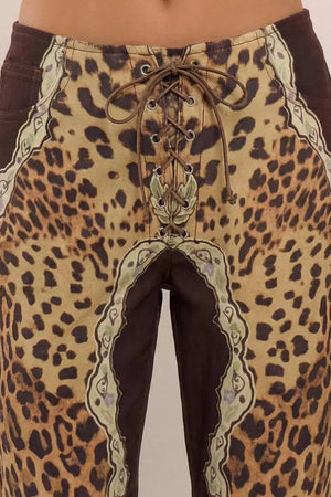 CORA - Pantaloni Low Rise Animalier Multicolor con Lacci