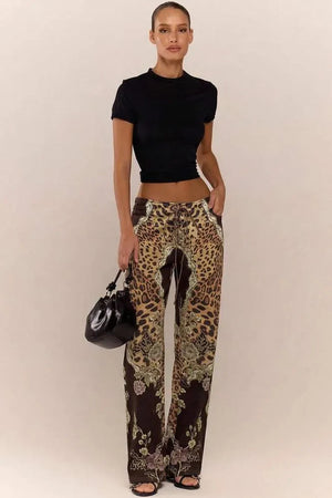 CORA - Pantaloni Low Rise Animalier Multicolor con Lacci