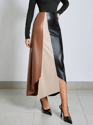 FRANCESCA - Gonna midi in pelle liscia nera e blu navy
